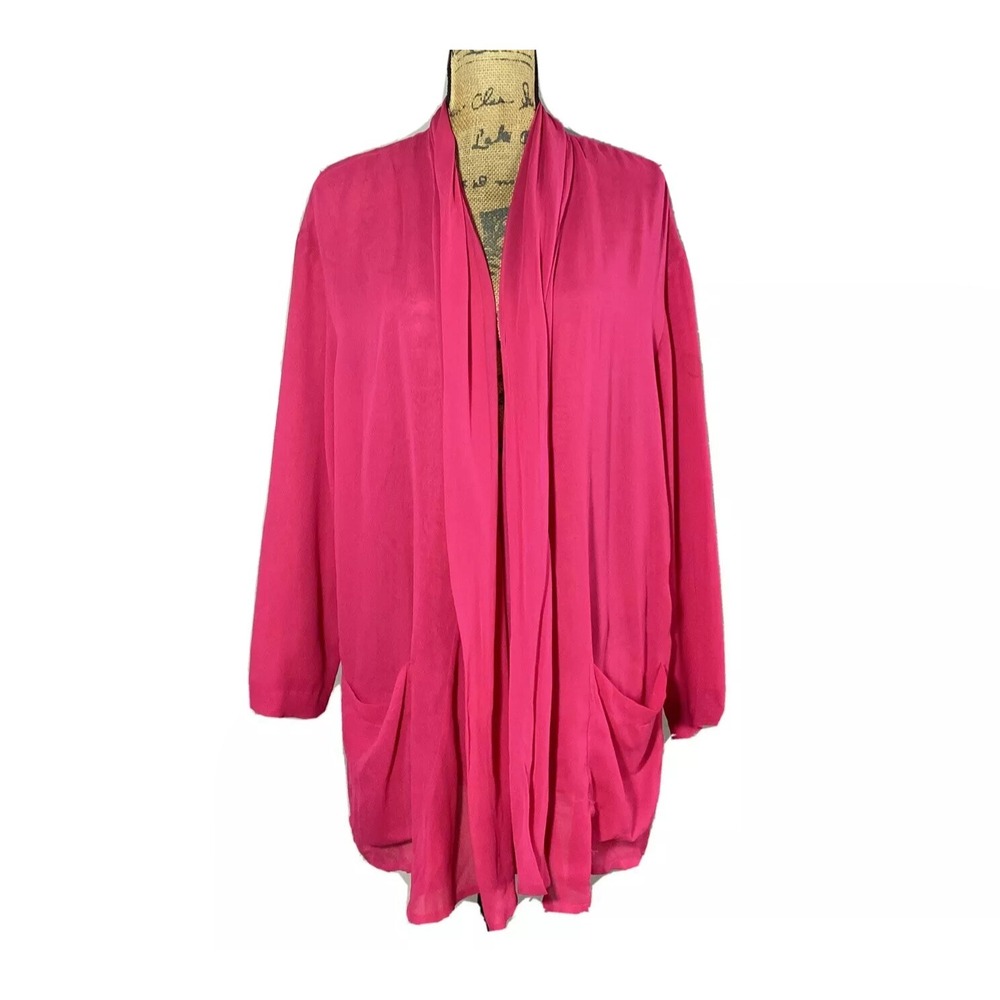 Anne Klein Cardigan MED Pink 100%‎ Silk Jacket Topper Over Size Pocket Open Long